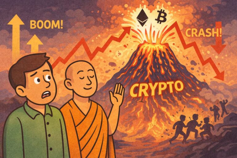 A young boy and a calm monk watch a volcano erupt with Bitcoin and Ethereum symbols rising and falling, illustrating extreme volatility in cryptocurrency markets.