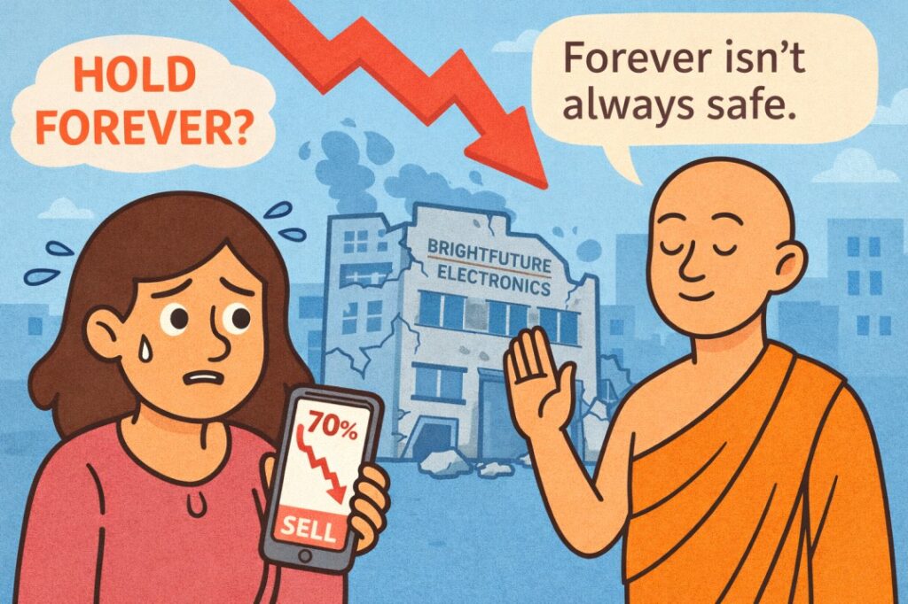 A worried woman holds a phone showing a 70% stock loss while a calm monk advises her, with a falling chart and a damaged company building in the background symbolizing the risk of blindly holding a failing investment.