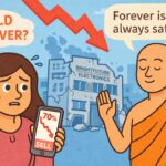 A worried woman holds a phone showing a 70% stock loss while a calm monk advises her, with a falling chart and a damaged company building in the background symbolizing the risk of blindly holding a failing investment.