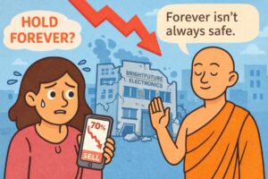 A worried woman holds a phone showing a 70% stock loss while a calm monk advises her, with a falling chart and a damaged company building in the background symbolizing the risk of blindly holding a failing investment.