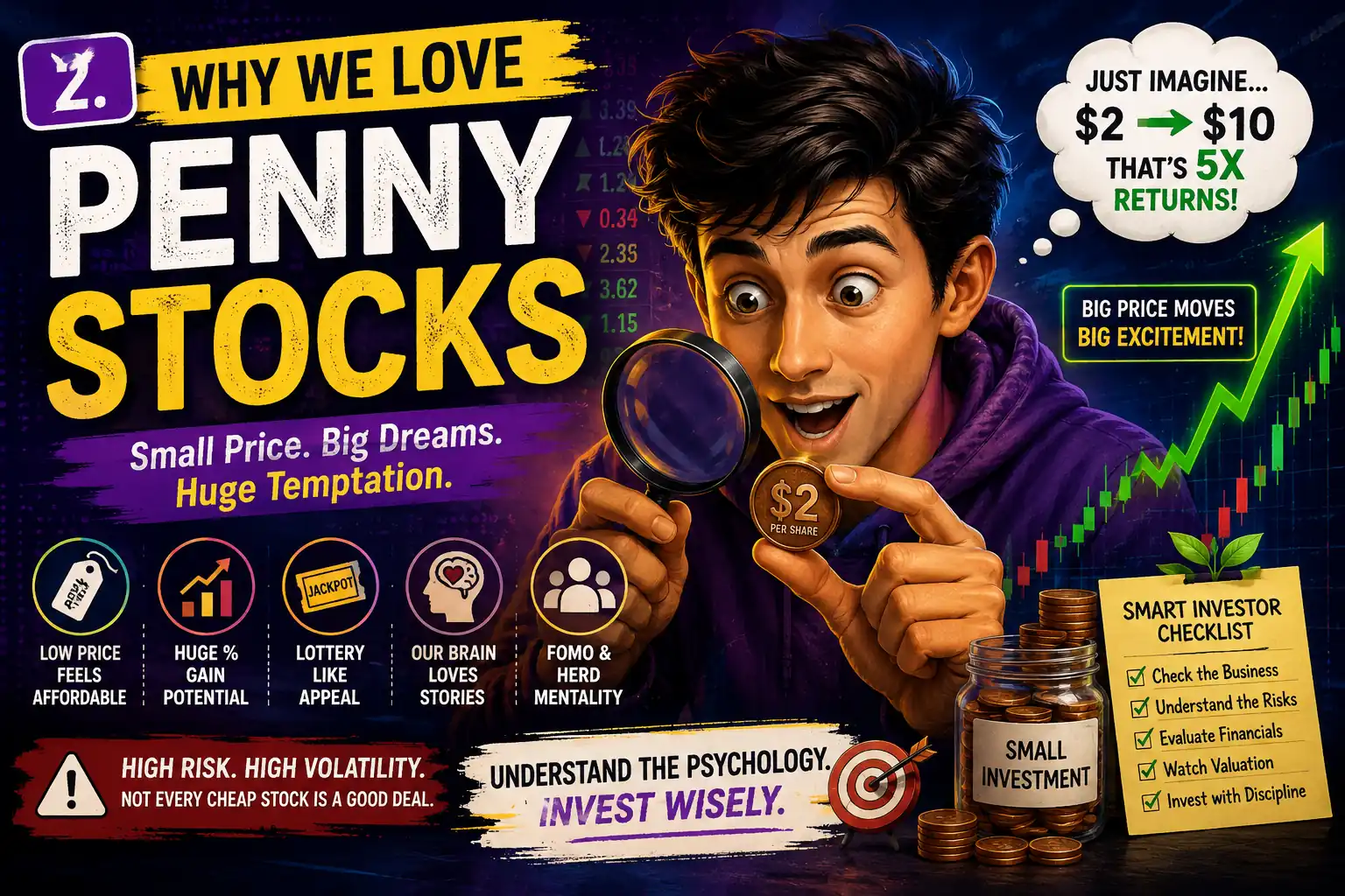 Why we love penny stocks illustration showing an excited investor holding a $2 stock, imagining a 5x return, with psychology factors such as low price, huge gain potential, lottery appeal, FOMO, and herd mentality.