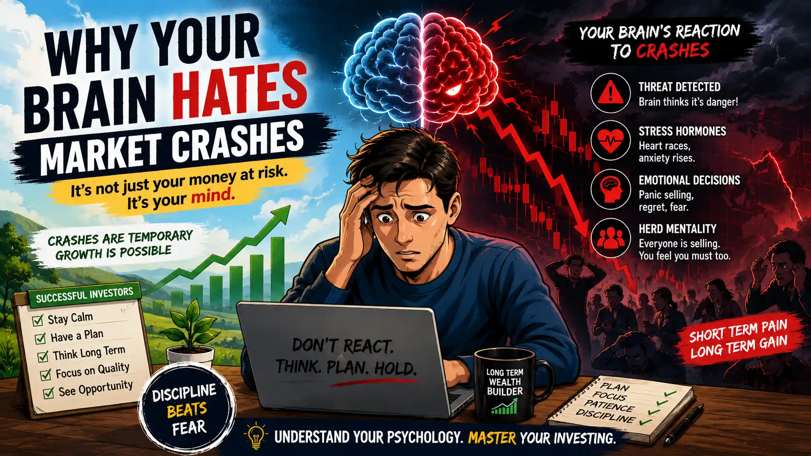 Why Your Brain Hates Market Crashes infographic showing a worried investor, a split brain representing fear and logic, a falling stock market chart, panic psychology, loss aversion, herd mentality, and tips for staying calm during market crashes.